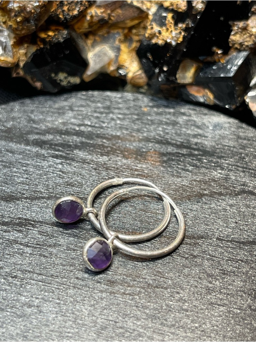 🌑 Sterling Silver Amethyst Dangle Hoop Earrings 🌑